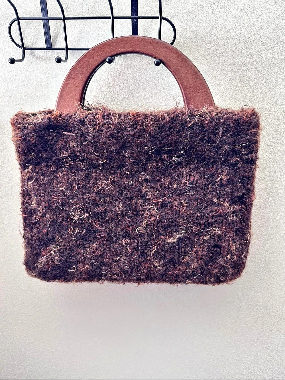 Heather Fuzzy Brown Hang Bag w Wood handle